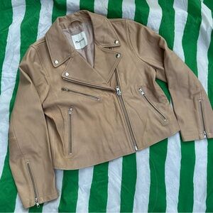 Madewell Shrunken 100% Leather Motorcycle Jacket Pebble Stone Tan Cream Sz Small
